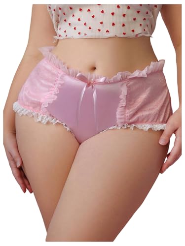 Women's Plus Size Satin Panty Brief Bow Front Lace Trim Breathable Silky Underwear