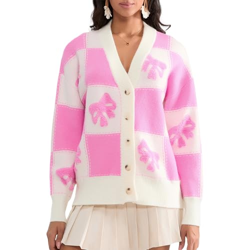 Women Bow Embroidery Cardigans - Open Front Drop Shoulder Sleeve V Neck Knit Button Jumper Sweater Jacket Knitwear