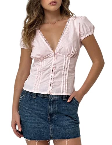 Y2K Short Sleeve Babydoll Tops for Women Cute Aesthetic U Neck Teen Girls Tshirt Ruffle Hem Patchwork Peplum Shirts