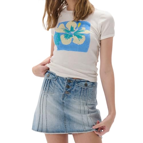 Women Hawaii Baby Tees Y2K Short Sleeve Crewneck Aesthetic Graphic Slim Fit Crop Tops