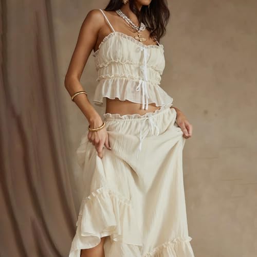 Women 2 Piece Outfits Y2k Sleeveless Lace Trim Cami Tops and Ruffle Ruched Maxi Skirt Matching Set