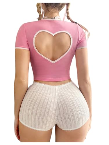 Women's Open Back T Shirt Heart Cut Out Tee Short Sleeve Y2k Summer Crop Tops