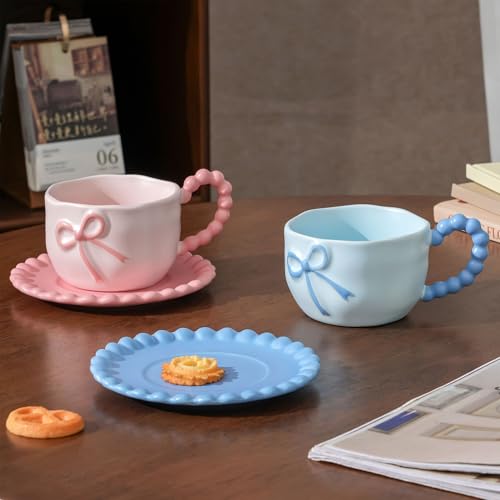 Coquette Bow Coffee Mug Personalized Set with Saucer Mug Porcelain Coffee Tea Cup 12oz