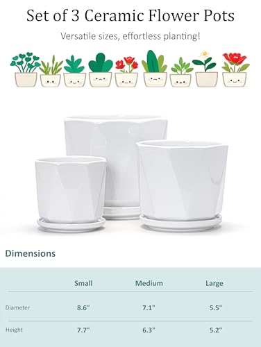 Ceramic Plant Pots Indoor, 8.6+7.1+5.5 Inch Planters with Drainage Holes and Saucers Set of 3 Large Flower Pots