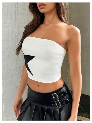 Floerns Women's Sleeveless Strapless Bandeau Star Print Color Block Cropped Tube Tops