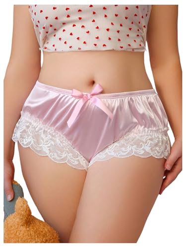 Women's Plus Size Satin Panty Brief Bow Front Lace Trim Breathable Silky Underwear