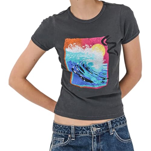 Women Hawaii Baby Tees Y2K Short Sleeve Crewneck Aesthetic Graphic Slim Fit Crop Tops