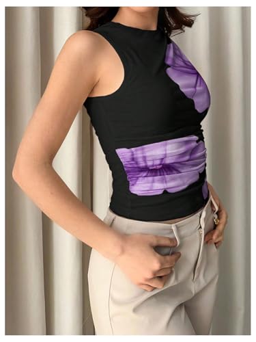 Women's Flower Print Mesh Top Sleeveless Mock Neck Ruched Tank Tops