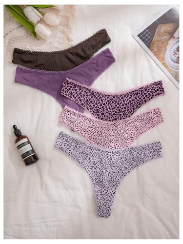 Women's 5 Pack Leopard Print Thongs Low Rise Panties Underwear Sets