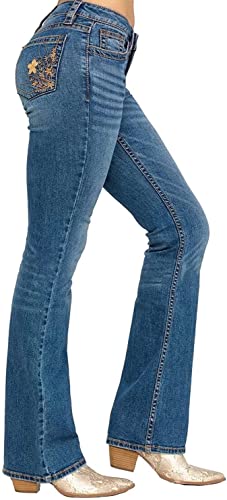 Women Bootcut Jeans, Stretchy Feather Flower Embroidery Mid Rise Slim Straight Leg Pants Jeans