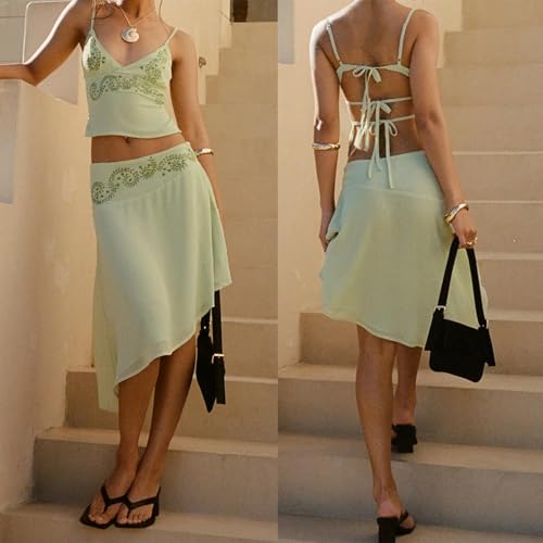 Midi-length Skirt Set for Women 2 Piece Outfit Boho Floral Print Crop Cami Sheer Mesh Irregular Midi Skirt Trendy