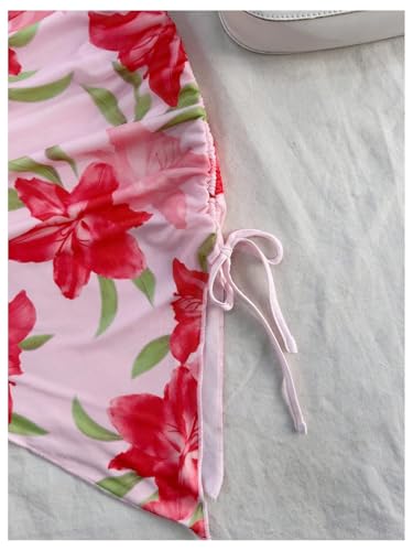 Women's Floral Print Tube Dress Ruched Drawstring Slit Hem Mini Dresses