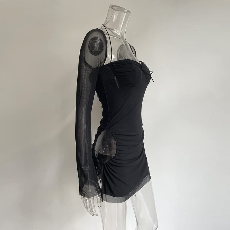 Women Long Puff Sleeve Mini Bodycon Split Hem Mesh Dress Party Dress