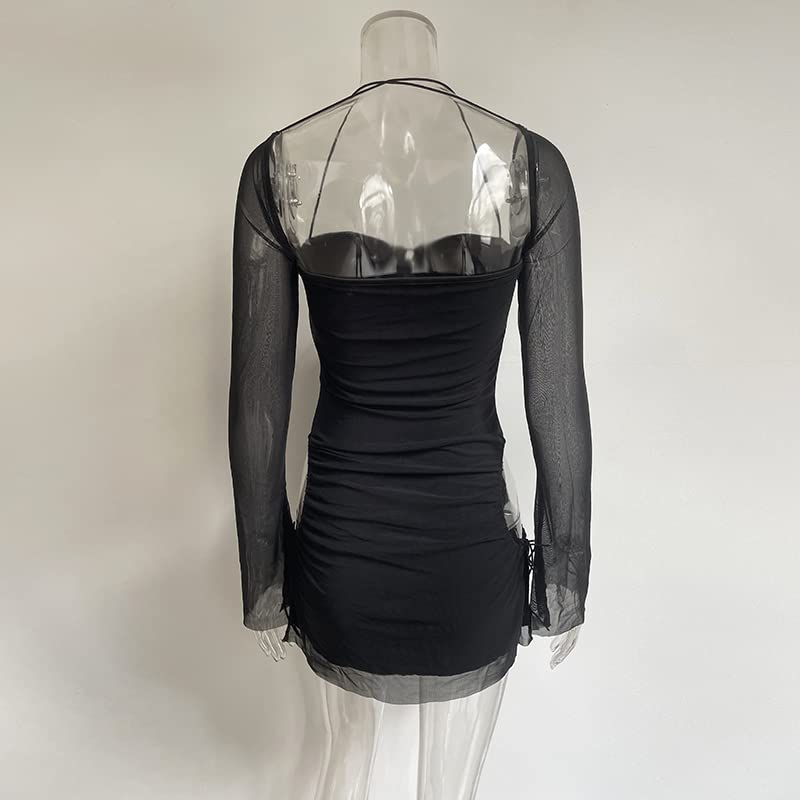 Women Long Puff Sleeve Mini Bodycon Split Hem Mesh Dress Party Dress