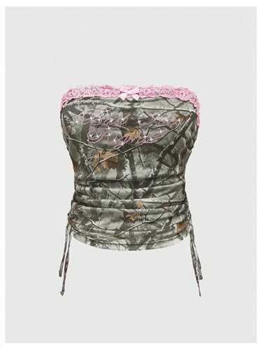 Women's Rhinestone Y2k Ruched Camo Bow Top Coquette Lace Tube Tops Cute Bandeau