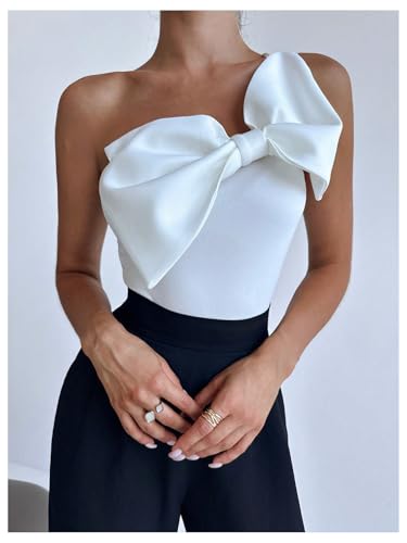 Women's One Shoulder Sleeveless Big Bow Front Elegant Fitted Tank Top Bodysuit