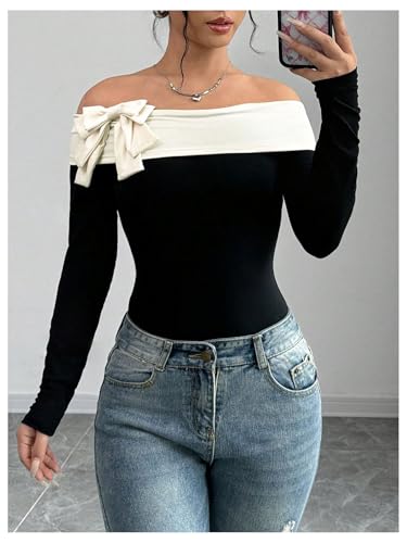 Women's Colorblock Bow Tie Off Shoulder Long Sleeve Bodysuit Elegant Tops
