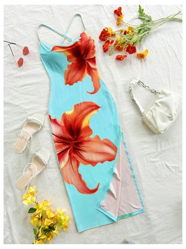Women's Floral Print Split Thigh Bodycon Dress Criss Cross Skinny Long Cami Dresses