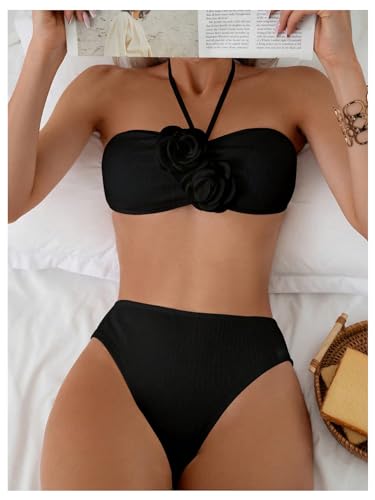 Women's 2 Piece Halter Swimsuit 3D Flower Appliques Bandeau Tummy Control Bikini Set