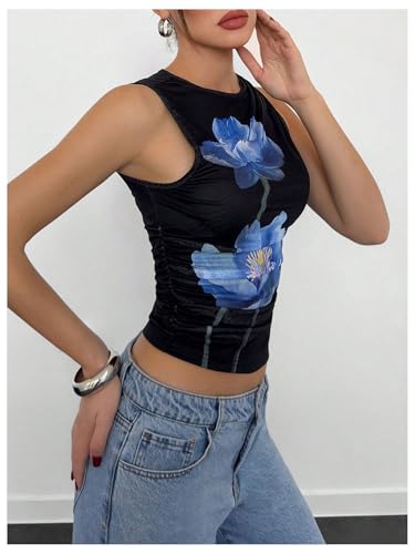 Women's Flower Print Mesh Top Sleeveless Mock Neck Ruched Tank Tops