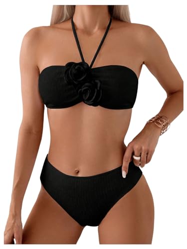 Women's 2 Piece Halter Swimsuit 3D Flower Appliques Bandeau Tummy Control Bikini Set