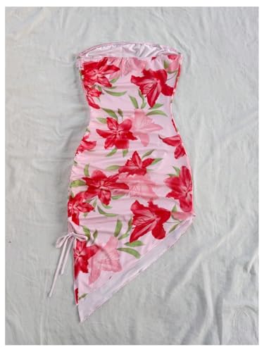 Women's Floral Print Tube Dress Ruched Drawstring Slit Hem Mini Dresses