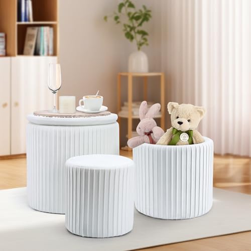 Set of 3 Velvet Round Storage Ottomans â€?Modern Upholstered Vanity Stool & Foot Rest with Hidden Storage