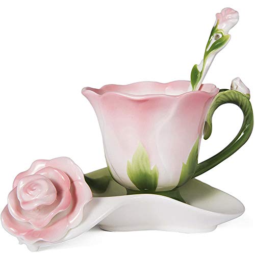 Rose Tea Cup and Saucer -  Set for 1 Ceramic Hand Crafted Rose Flower Cup, 6 Oz