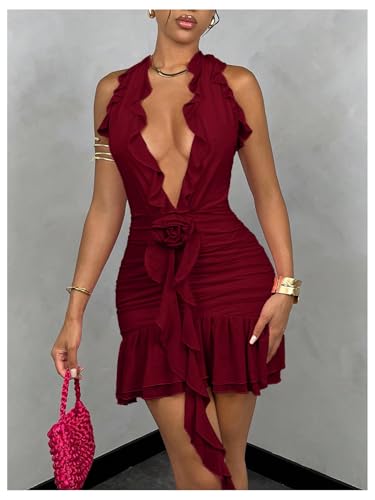 Women's 3D Floral Ruffle Mesh Halter Sleeveless Tie Backless Ruched Bodycon Mini Dress