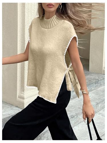 Women's Bow Tie Side Mock Neck Sweater Vest Coquette Split Sleeveless Knit Tops