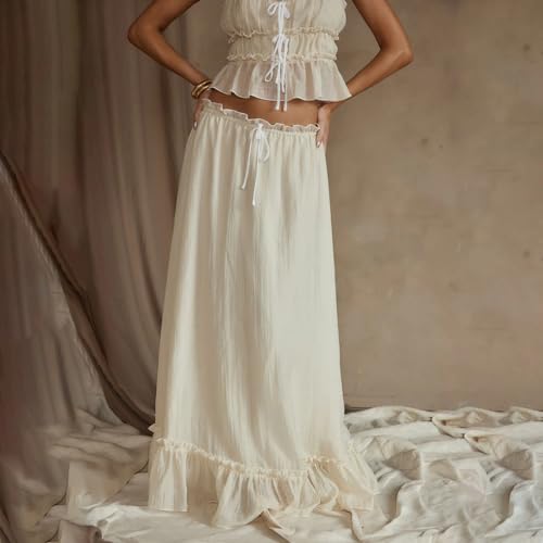 Women 2 Piece Outfits Y2k Sleeveless Lace Trim Cami Tops and Ruffle Ruched Maxi Skirt Matching Set