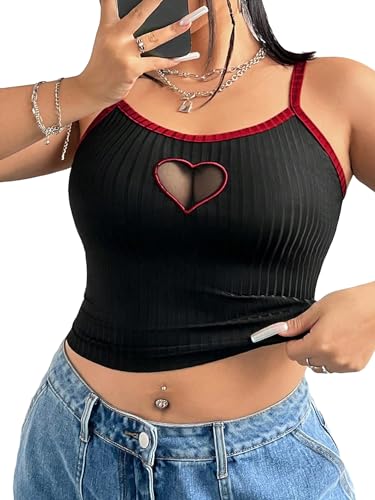 Women's Plus Size Cami Crop Tops Contrast Mesh Spaghetti Strap Summer Top