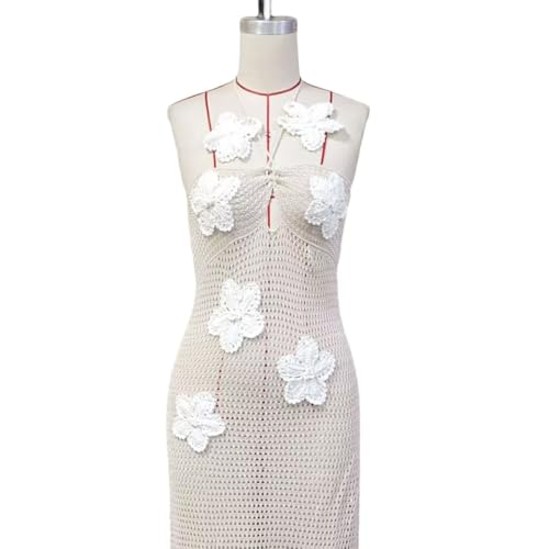 Women Halter Hollow Out Knitted Mini Dress Sexy Crochet 3D Flower Mini Dress