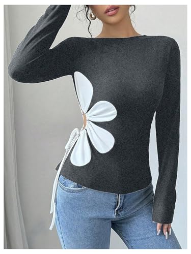 Women's Floral Pattern Hollow Out Tie Side T Shirts Crew Neck Long Sleeve Tee Tops