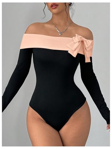 Women's Colorblock Bow Tie Off Shoulder Long Sleeve Bodysuit Elegant Tops