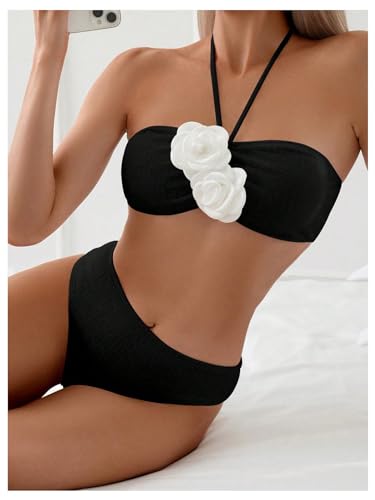 Women's 2 Piece Halter Swimsuit 3D Flower Appliques Bandeau Tummy Control Bikini Set