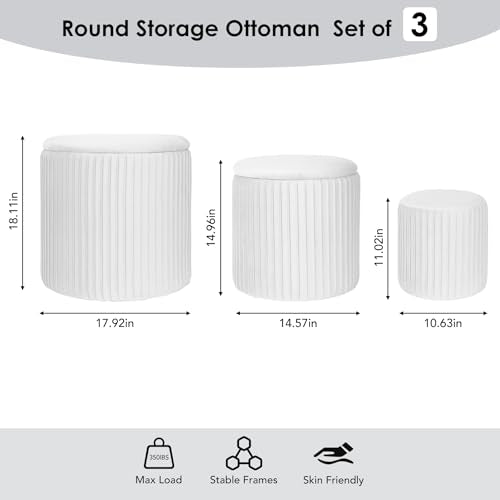 Set of 3 Velvet Round Storage Ottomans â€?Modern Upholstered Vanity Stool & Foot Rest with Hidden Storage