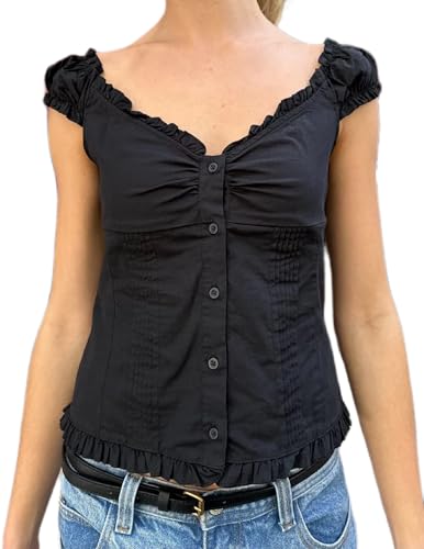Y2K Short Sleeve Babydoll Tops for Women Cute Aesthetic U Neck Teen Girls Tshirt Ruffle Hem Patchwork Peplum Shirts