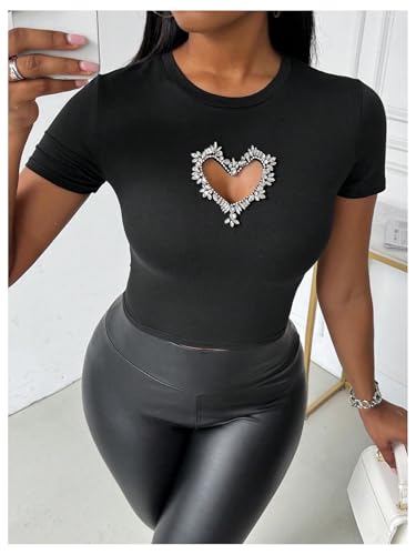 Women's Heart Rhinestone Cut Out Tee Shirts Casual Slim Fit Rib Knit Tops