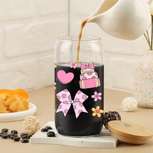 Cherry Bow Cup, Birthday Gifts for Women, Girly Gifts for Her, Sister, Mom, Colleague - 16 OZ Glass Tumbler with Straw & Lid, Coquette Iced Cup