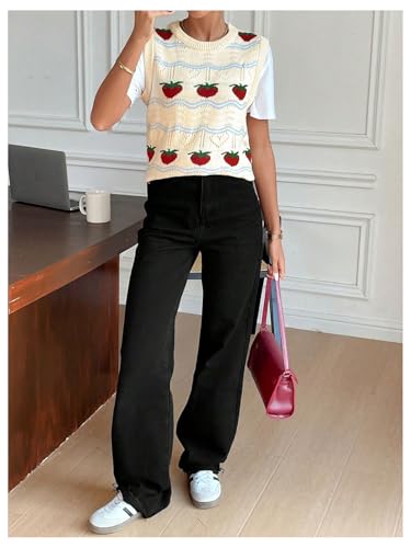Women's Strawberry Crew Neck Sleeveless Sweater Vest Knit Cute Knitwear