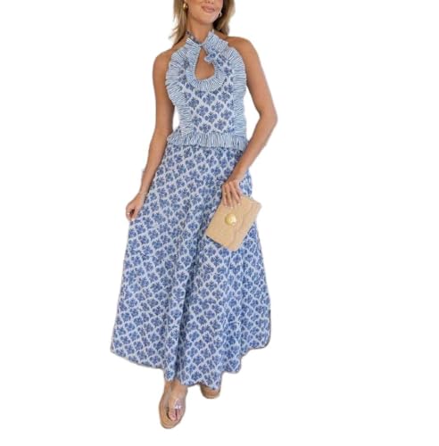 Womens 2 Piece Maxi Skirt Set Y2k Halter Ruched Cami Top Tiered Flowy Ruffle Skirt Outfit