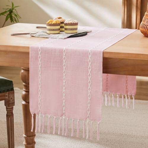 Cotton Linen Table Runners Long, Embroidered Striped Pink Boho Table Runner Rustic Home Decor