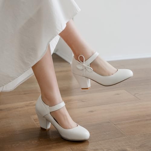 Women's Bow Mary Jane Dress Pumps Shoes Chunky Block High Heels Round Toe Shoes