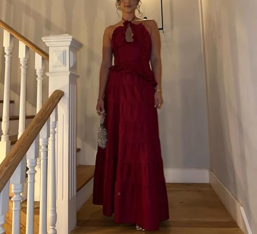 Womens 2 Piece Maxi Skirt Set Y2k Halter Ruched Cami Top Tiered Flowy Ruffle Skirt Outfit