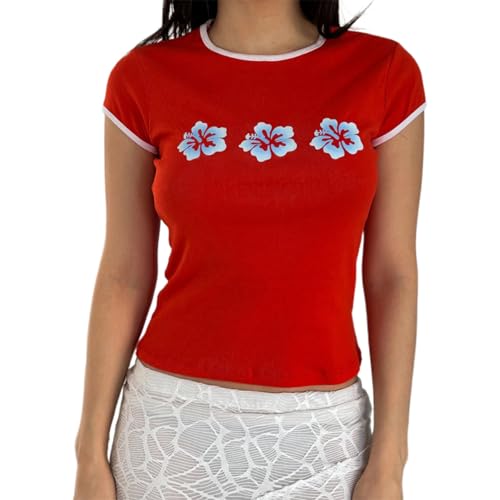Women Hawaii Baby Tees Y2K Short Sleeve Crewneck Aesthetic Graphic Slim Fit Crop Tops