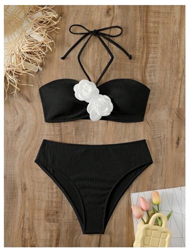Women's 2 Piece Halter Swimsuit 3D Flower Appliques Bandeau Tummy Control Bikini Set