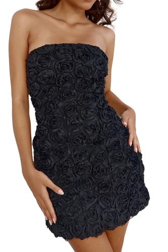 Womens Strapless Mini Dress Sexy Short Bodycon Off Shoulder Stretchy 3D Floral Appliques Tube Top Cocktail Party Dress