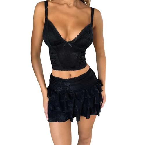 Women Y2K Lace 2 Piece Skirt Set Floral Lace Fitted Crop Cami Top See Through Low Waist Skirt Outfit Streetwear