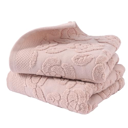 Rose Hand Towel Set of 2 Super Soft 100% Cotton Embossed Floral Pattern Highly Absorbent Decorative Bath Hand Towels for Bathroom 13x 29 Inch